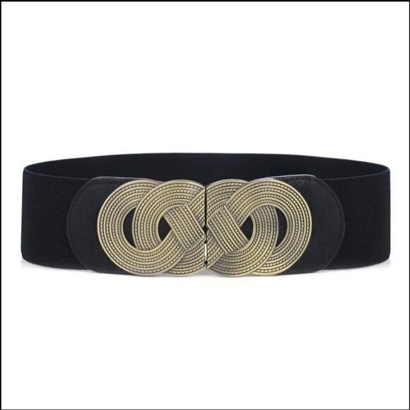 Black Stretch Waist Belt with Ornate Bronze Detail - Picture 2 of 5